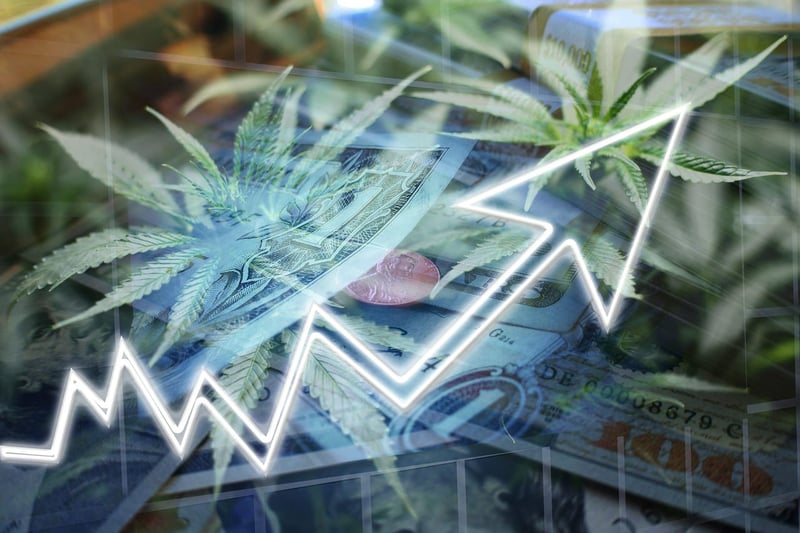 Money, cannabis, and up arrow portraying the idea of investing in cannabis.